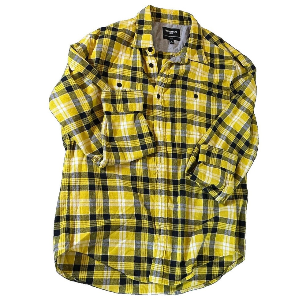Bonobos Flannel Men’s L Cotton Yellow Black Plaid Stretch Slim Fit Long Sleeve